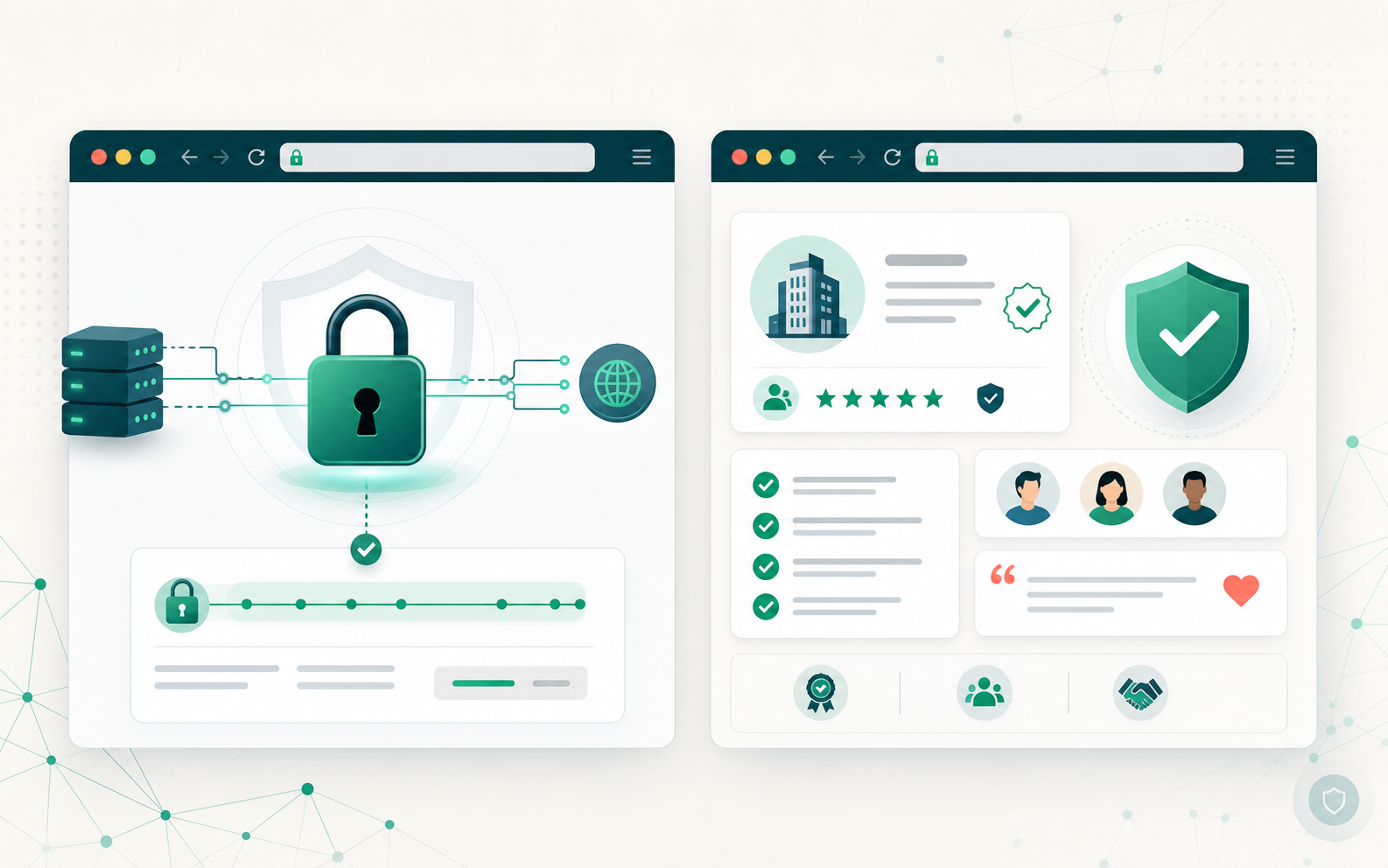 Ilustração comparando conexão segura com sinais de site confiável
